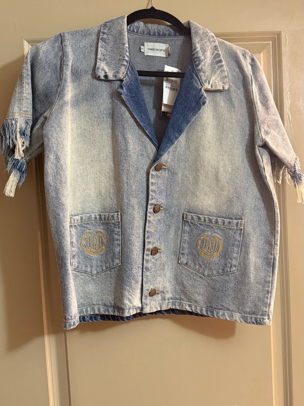 Honor The Gift : Washed Light Blue Denim Button-Front Shirt with Fringe Sleeves